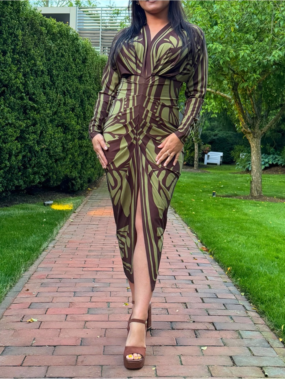Fashion Nova Olive & Brown Patterned Midi Dress
